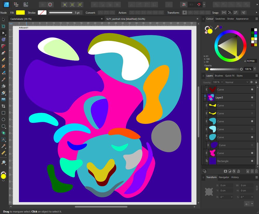 Deconstructed portrait in bold colors and soft blobby shapes. The colors are vibrating purple, magenta, orange, blue and green with a side of grey.