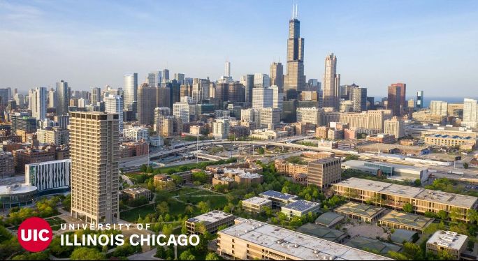 Photo of UIC Campus with Chicago skyline