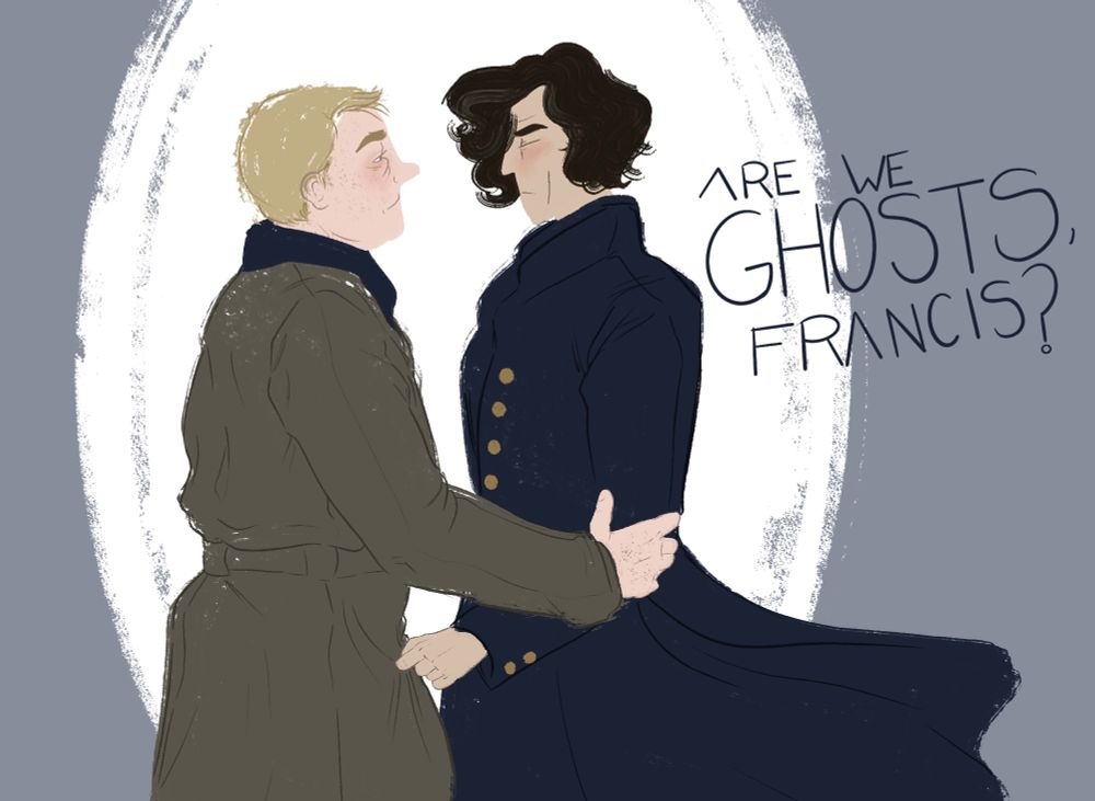 Digital illustration of Francis Crozier in a tan overcoat gripping the arm of navy overcoat-clad James Fitzjames and looking into his face. Text reads: Are we ghosts, Francis?