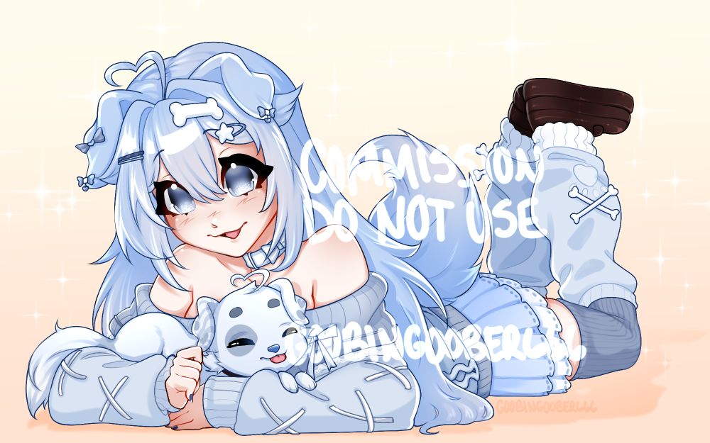 Fullybody Commission, blue girl with dog ears and puppy.