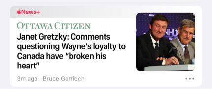 Headline states Gretzy’s heart is broken because of public reaction to his own unpatriotic actions. 