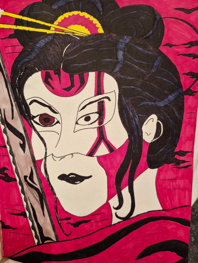 Color drawing on paper of Mexican female masked professional wrestler Hatana. She is of Japanese decent, a couple of generations back. 