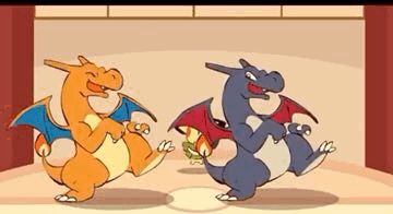 a cartoon of two dragons dancing together on a stage .