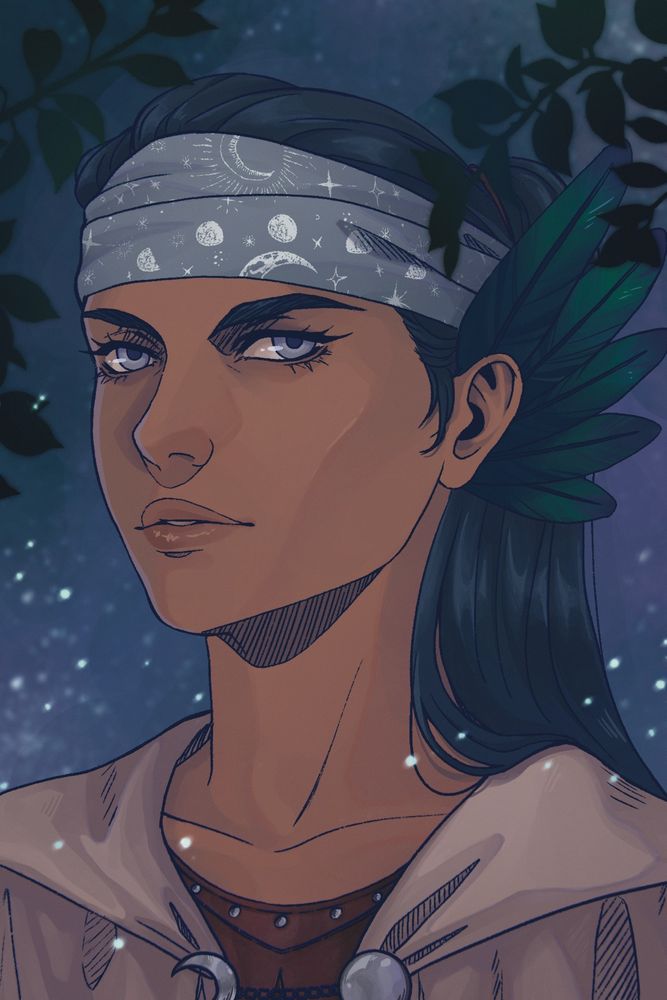 A bust illustration of a shifter woman looking toward the viewer with a severe expression. She has warm brown skin and black hair in a high ponytail, with iridescent black feathers sprouting from behind her ear. A bandana with lunar imagery is wrapped around her forehead, and she wears a cream-colored cloak with a crescent and full moon clasp over a leather breastplate. 