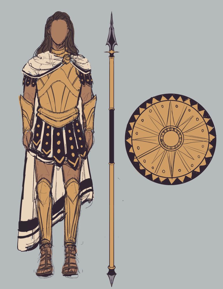 A sketch of a character in Greek-inspired armor in gold and black with cream accents. He has bronze skin and long, dark brown hair, and his spear and shield are sketched next to him, matching his palette. 