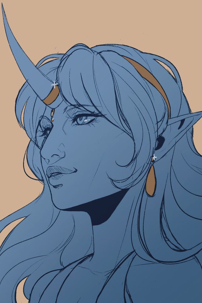 A bust sketch of a woman with her head turned just past a 3/4 angle. She has a single horn in the center of her forehead and long, fluffy flowing hair. She is colored in blue, with her jewelry and headband colored in a dark gold.