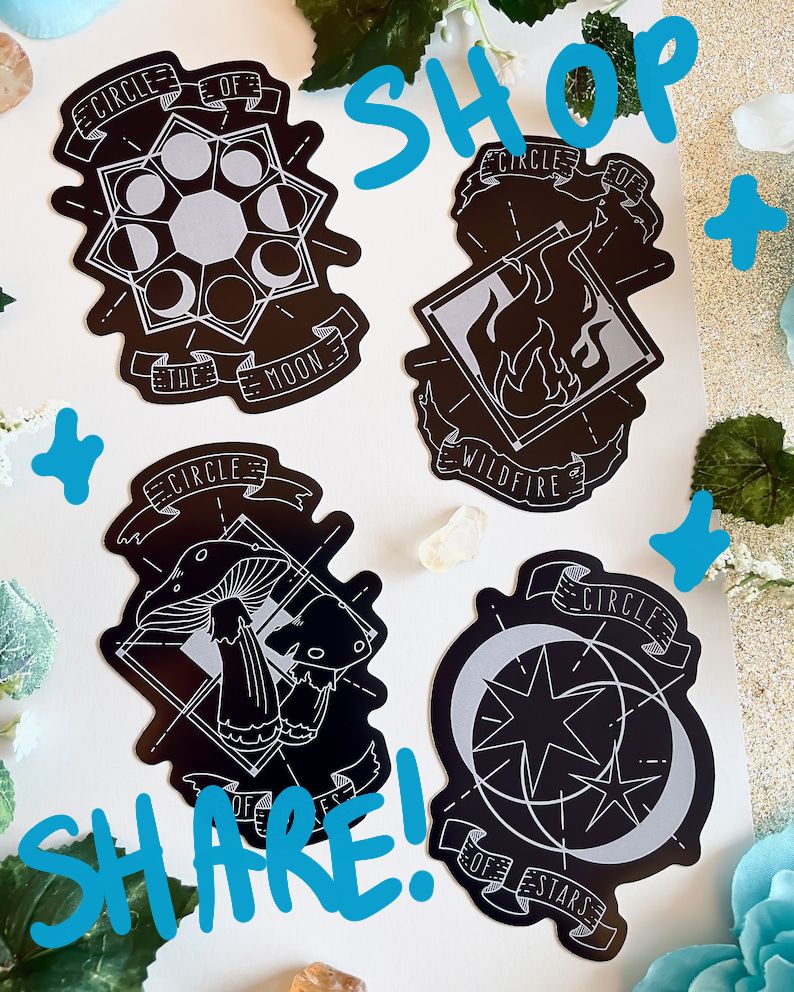 A set of dnd druid-themed stickers. Top left clockwise they feature Circle of the Moon depicting moon phases, Circle of Wildfire with a flame, Circle of Stars with two stars, and Circle of Spores with a pair of mushrooms. The images are printed in grey on a black background with geometric shapes and the subclass in banners.

Text on top reads “SHOP SHARE!” in blue, with hand drawn sparkles.