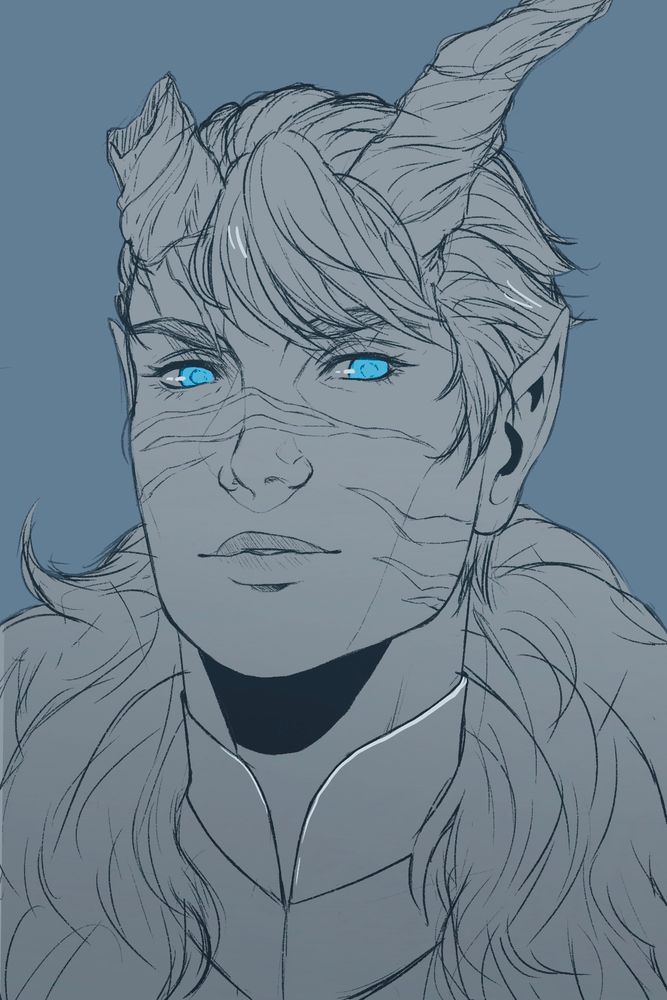 A bust sketch of a tiefling with short, swept back hair and messy bangs that fall between twisting horns growing from his forehead. The right horn is broken. He wears a high-collared shirt with a large fur shawl draped over his shoulders. The sketch is colored in a grey gradient and his eyes are a bright, electric blue.