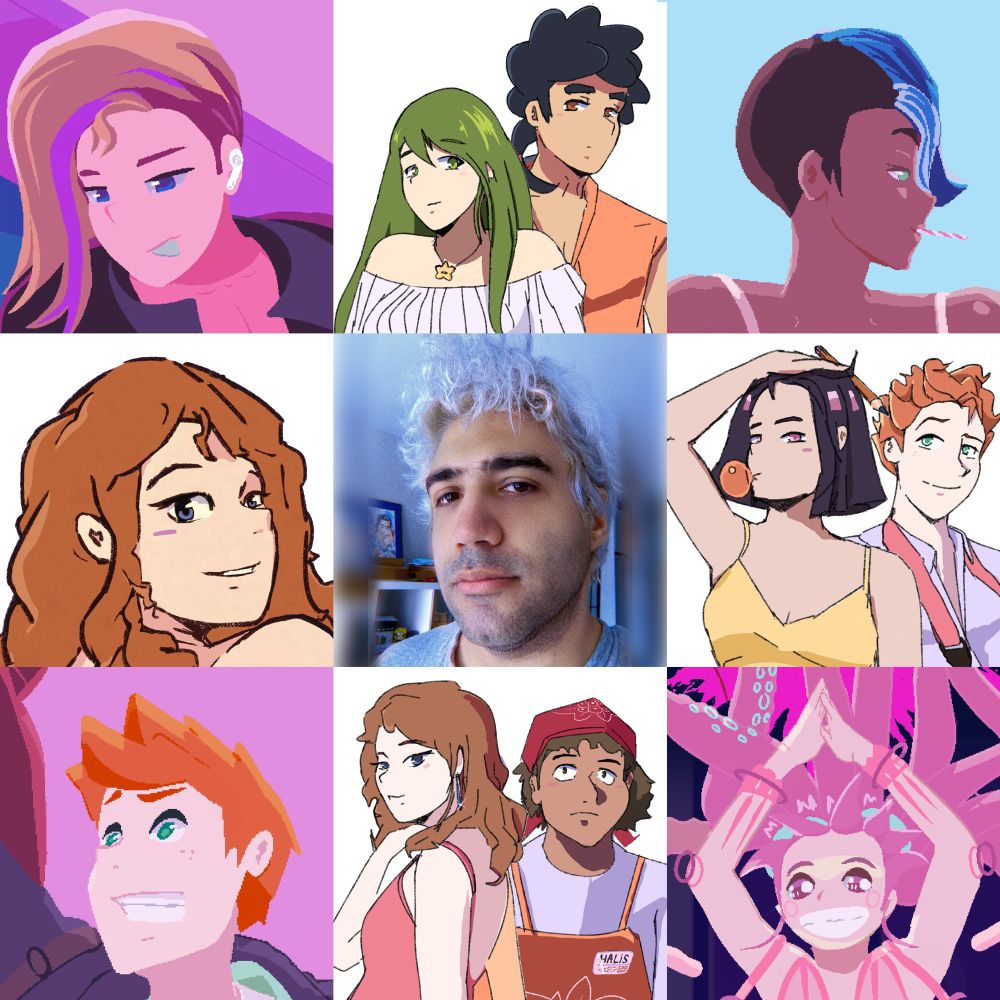 9 squares, Medidog’s photo in the middle, and 8 different illustrations of their OCs scattered around the grid scheme