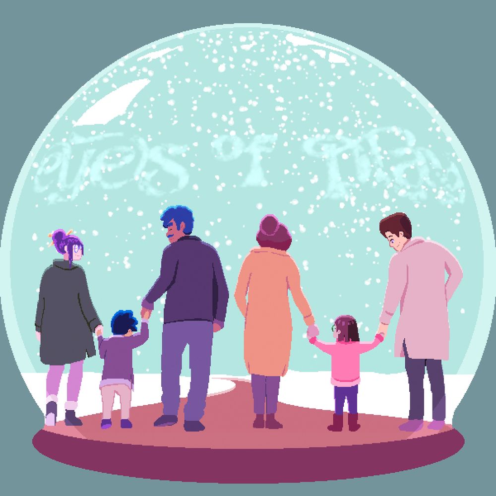 Two childhood friends, each of them with their parents, depicted as on a snowy park, inside of a snow globe as a pixel art, Barashi’s mother is on the left side of Barashi and next to him, his dad. And right next to them Tsume’s family is depicted, left side of Tsume is her mother and right side is her father. Both families hold their child’s hands