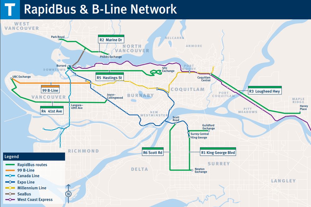 A ma of the skytrain and rapid bus network in vancouver
