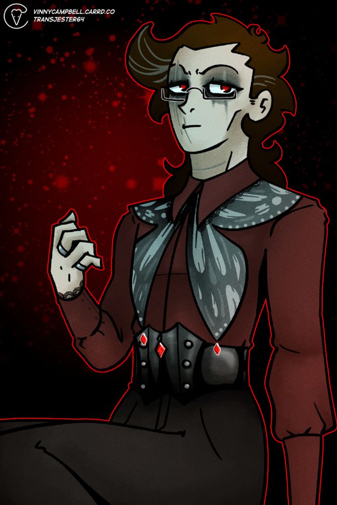 Winslow wearing dress pants and a red dress shirt with a black corset. There is some type of butterfly tie thing the Winslow is wearing.  