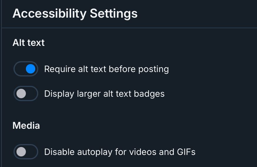 Screenshot of Bluesky's accessibility settings showing a blue pill next to "require alt text before posting" in the on/off switch