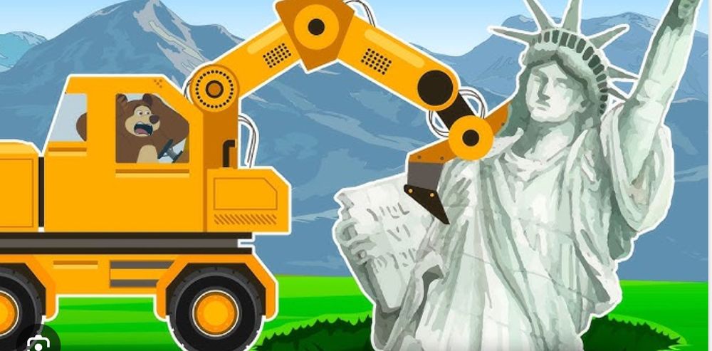 backhoe attacking statue of liberty