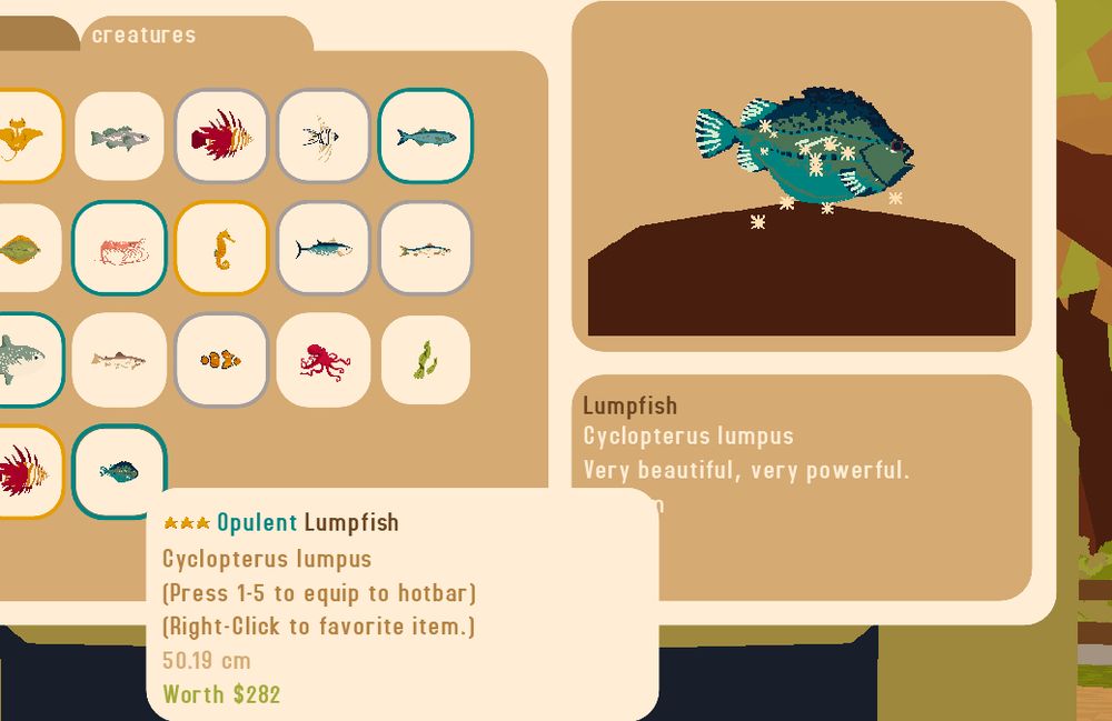 A screenshot of the creature inventory screen in Webfishing. An opulent lumpfish is selected, showcasing its journal information on the right side.