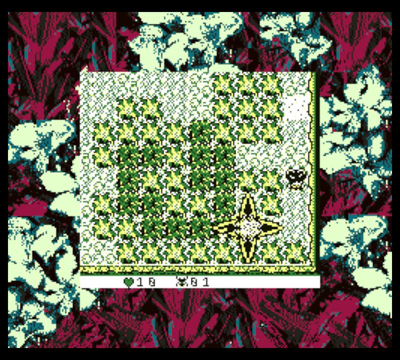 screenshot of new GAMEBUG project 3 taken on a Super Game Boy with custom colors. shows gameplay of the player character navigating a level of flowers and thorns after having just exploded a bomb near an enemy.