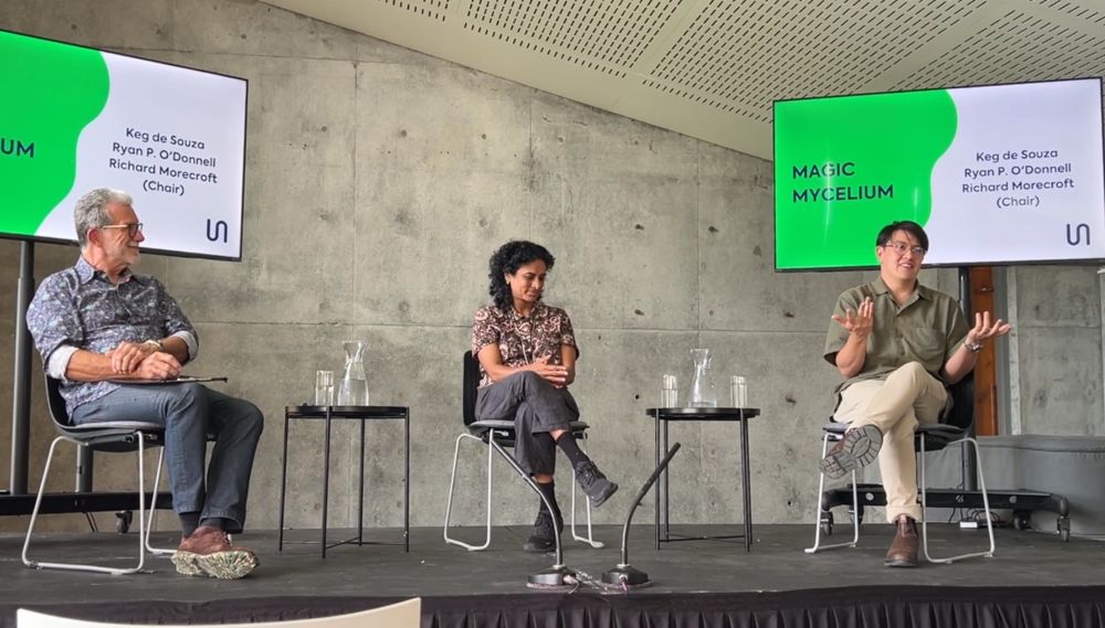 Panel discussion at the Bundanon art museum with three people, Richard Morecroft, Keg de Souza, and Ryan O’Donnell seated left to right in that order
