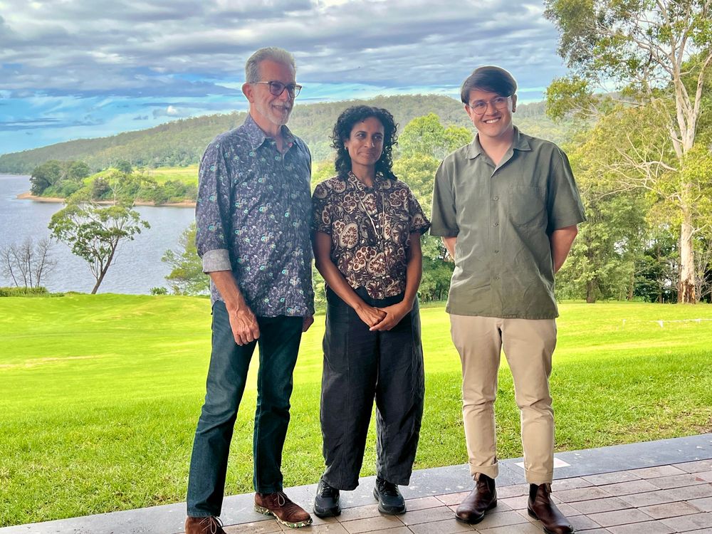 Richard Morecroft, Keg de Souza and Ryan O’Donnell standing left to right in front of the Shoalhaven River at the Bundanon Art Museum