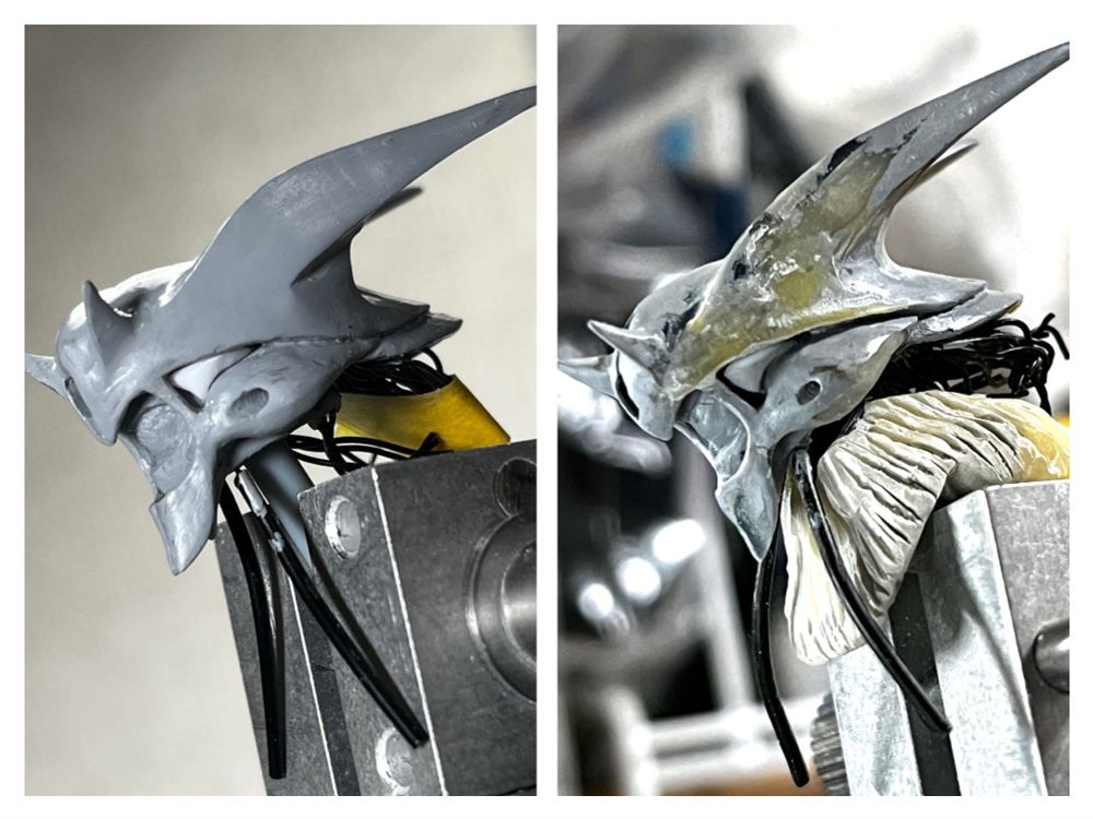 頭頂部から前頭部にかけてのカーブを緩く、甘くなってきていた面のメリハリに手を入れたり…してる最中に床に落として顎〜頬間のブリッジ部にまた亀裂が。ご覧の通り何回かの補修でブリッジ部が太くなってしまい、どうにかしたいが…脆くてヤバし。