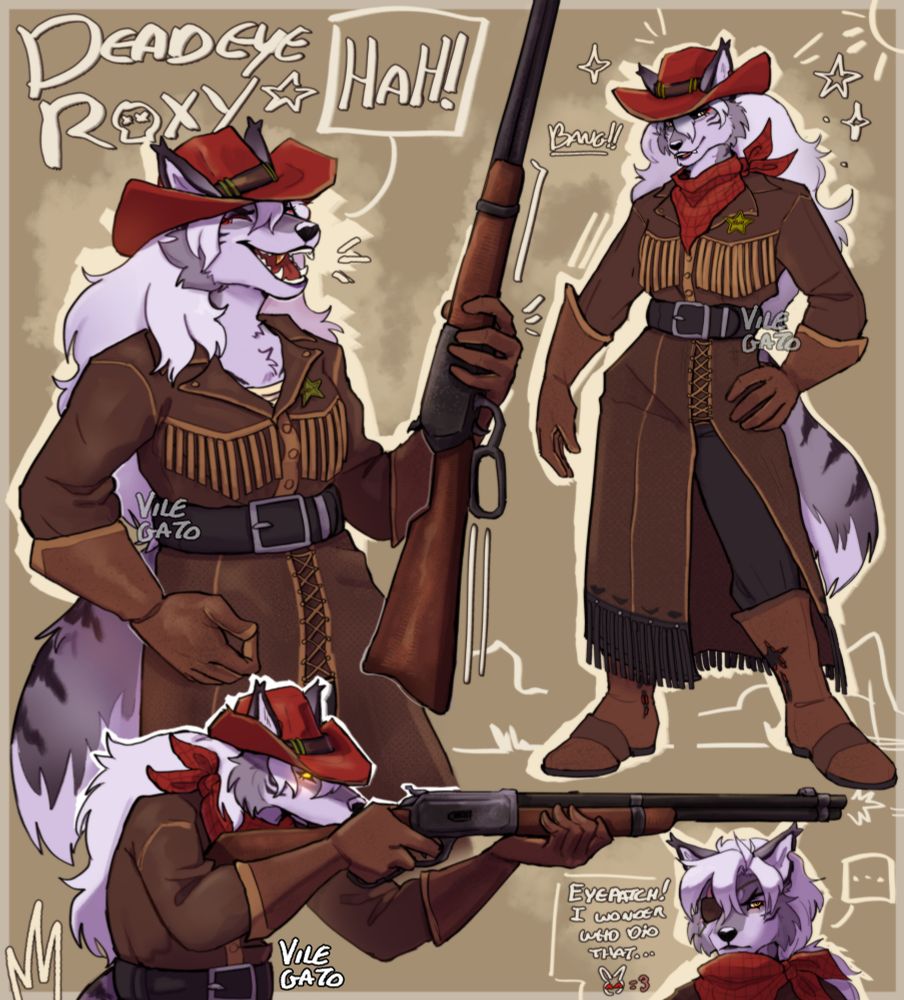 Character page featuring Roxanne Wolf from Five Nights at Freddy's, but as her "Deadeye" version. On the left she is holding her rifle and laughing. Below that, she is aiming with her rifle.

On the right, Roxy's full outfit is seen, focusing on her red hat and bandana. Below that, there's a headshot focusing on Roxy's face, mainly the eyepatch.
