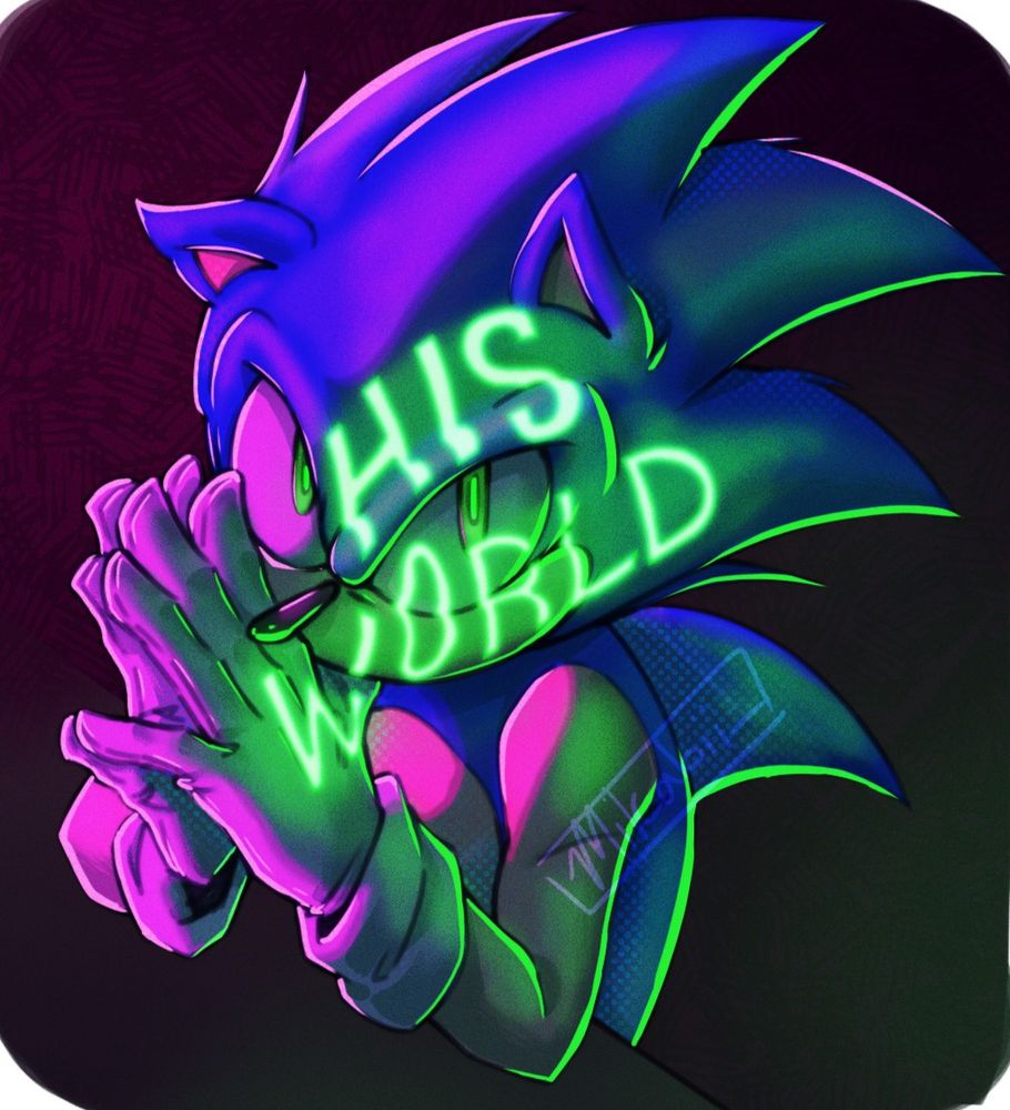 Digital art of Sonic the Hedgehog, holding hands close to face, in pink and green lighting with "His World" song title lighting left side of Sonic's face.