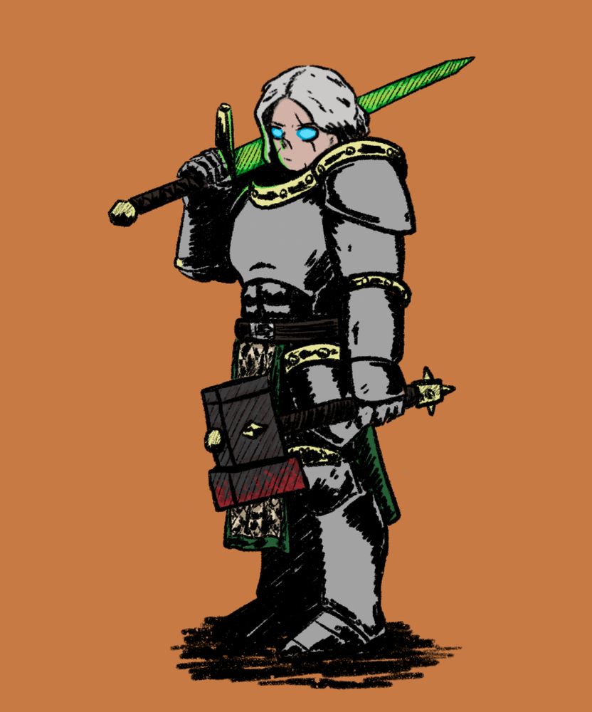 A drawing of a stormcast eternal wearing silver armor with tarnished gold trim. They are holding a sword and a hammer. The waistcoat is a sort of bronze or brass and the surrounding fabric is green. The sword is glowing green.