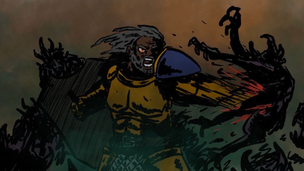 A rough colored sketch in comic book style of a Stormcast Eternal fighting against demons.