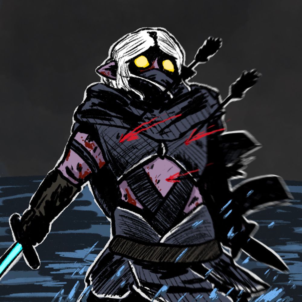 An action shot of a drow rogue, Gaelin, in waist high water. He’s being shot by three arrows after being betrayed by a necromancer. 