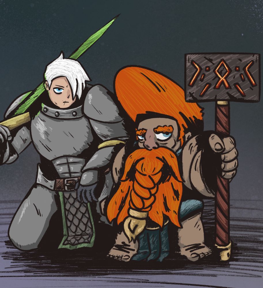 A Stormcast eternal and a Doomseeker Fireslayer from Age of Sigmar. The Stormcast is couching on the left, holding a glowing green sword. The Fireslayer is standing with his great hammer propping him up, the hammer is larger than he is.