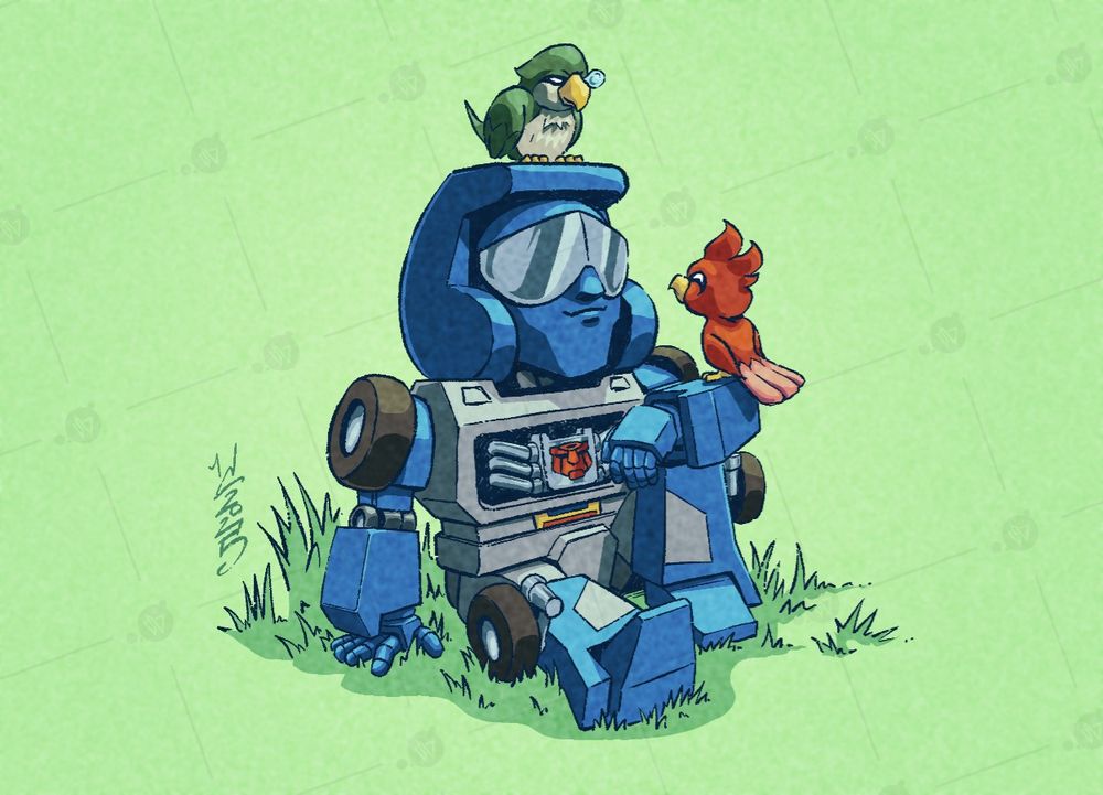 Full colour illustration of Beachcomber from The Transformers, drawn in a "chibi" or "toon" style.