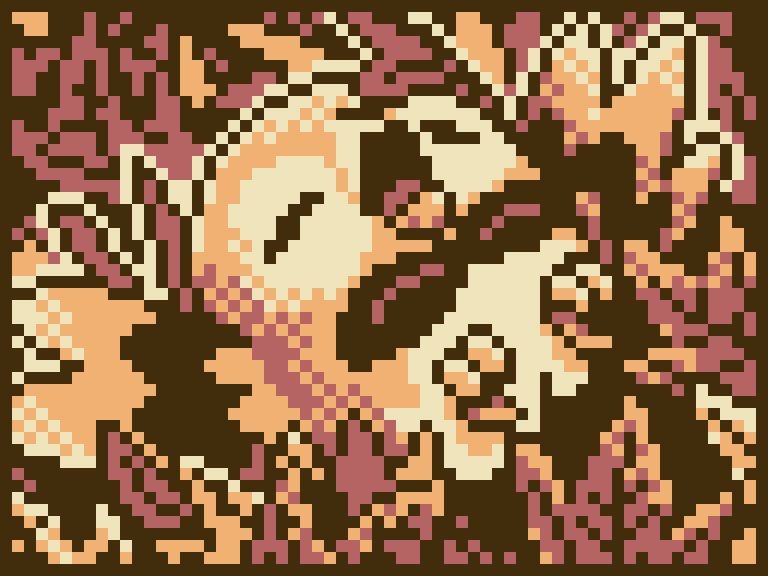 Pixel art illustration of Rowlet the Pokemon who is sleeping in a pile of autumnal leaves.
