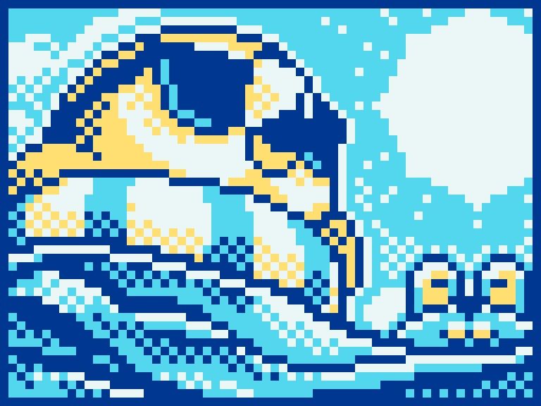 Pixel art illustration of Rowlet the Pokemon who is peacefully floating in a inner tube on the surface of the sea as the sun shines from above. The Pokemon Froakie can also been seen in the background.
