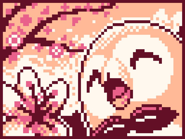 Pixel art illustration of Rowlet the Pokemon who is enjoying the cherry blossoms that surround it.