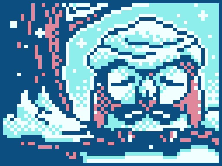 Pixel art illustration of Rowlet the Pokemon who is perched on a snowy branch with snow piling up on its head. It looks cold.