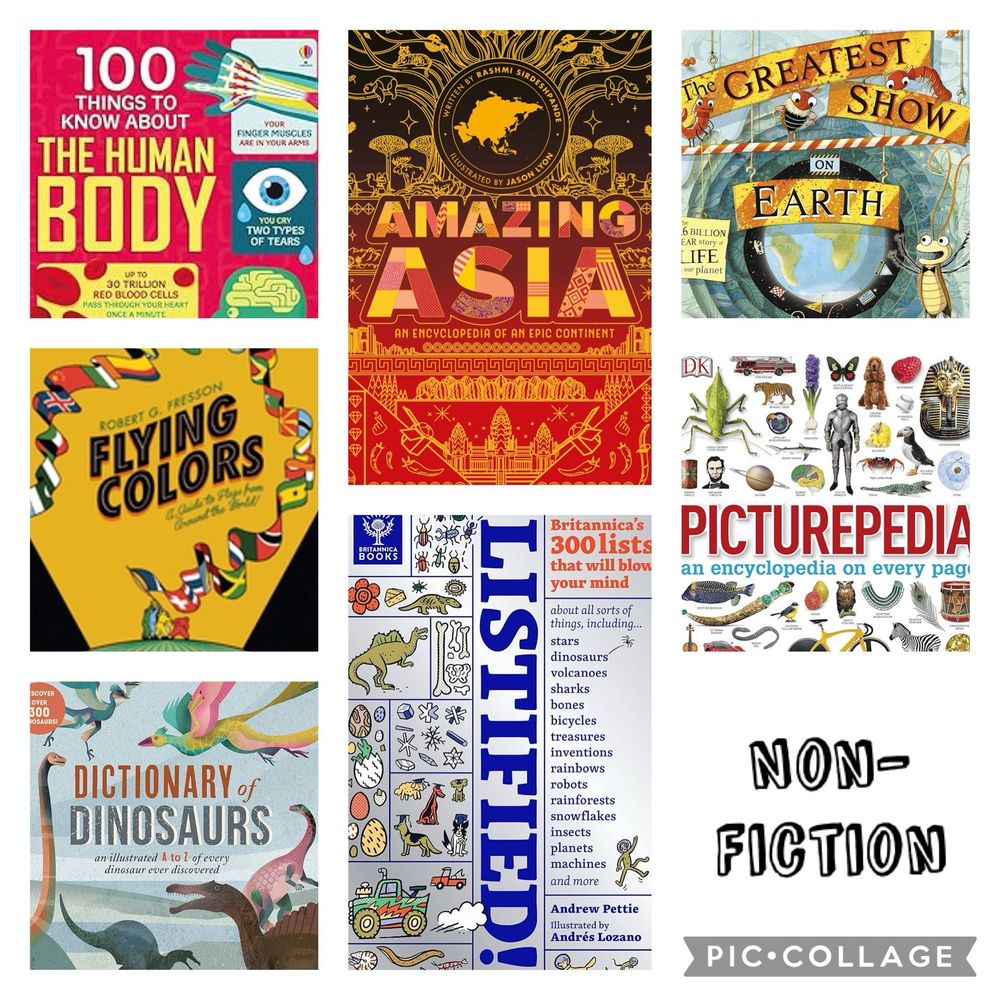Images of 7 non-fiction book covers; 100 Things To Know About the Human Body; Flying Colours; Dictionary of Dinosaurs; Amazing Asia; Listified; The Greatest Show on Earth; and Picturepedia.