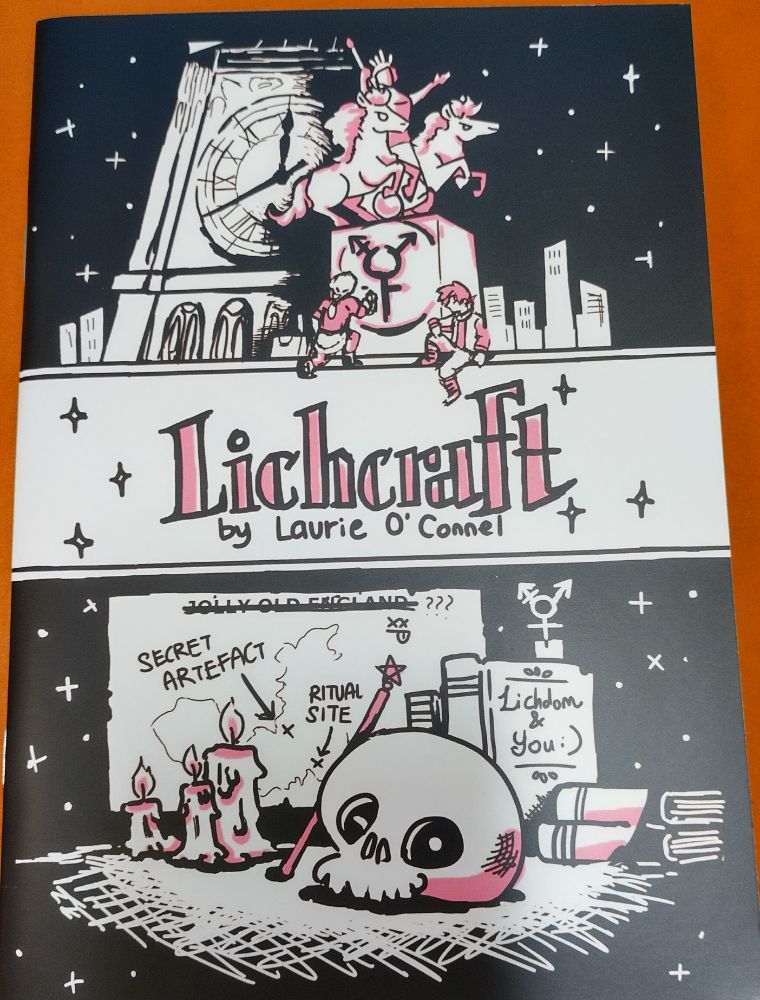 Cover of the ttrpg zine Lichcraft by Laurie O'Connel, depicting a skull, a wand, some candles, some books, and a map.