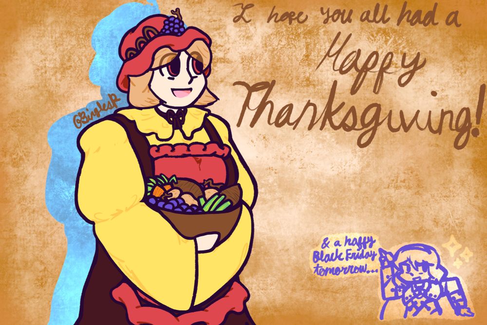 Minoriko Aki with caption "[I hope you all had a] Happy Thanksgiving!" + Chimata Tenkyuu with caption "And a happy Black Friday tomorrow…"