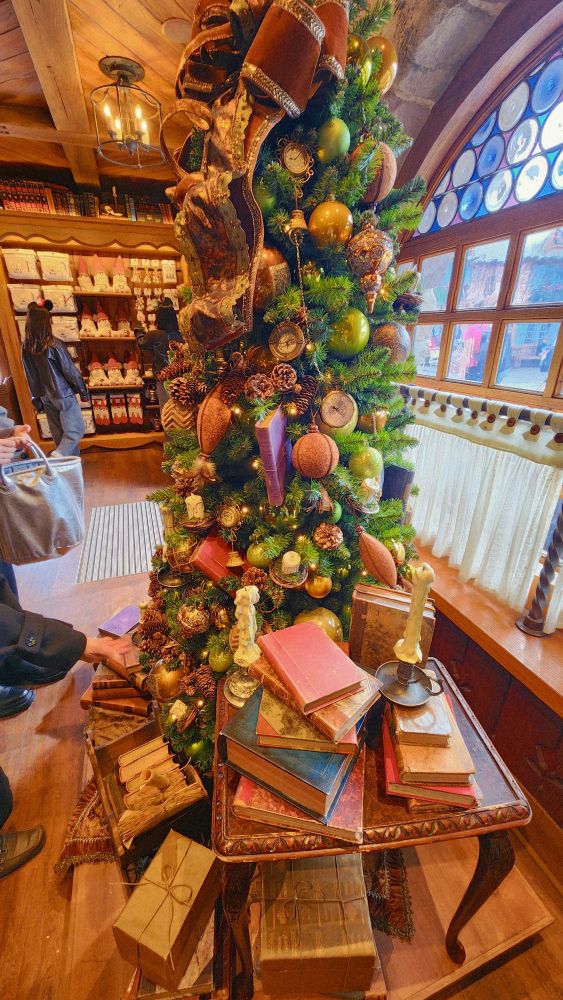 東京ディズニーランド　美女と野獣エリア　ラ・ベル・リブレリー内にある本と時計が飾られたクリスマスツリー