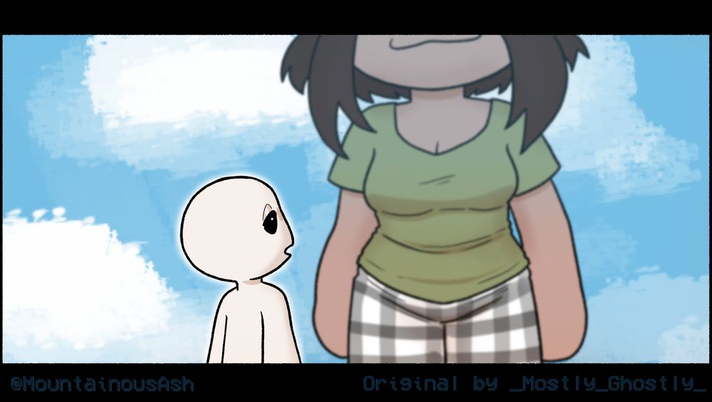 It's a little ghostie, standing beneath the clear blue sky, looking a little sleepy. A behemoth stands in the distance! Wait, that's me!