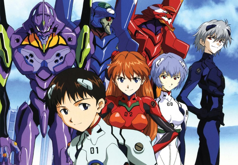 The cast of Neon Genesis Evangelion and their EVA units.  Left to right, Shinji Ikari, Asuka Langley Soryu, Rei Ayanami, and Kaworu Nagisa. 