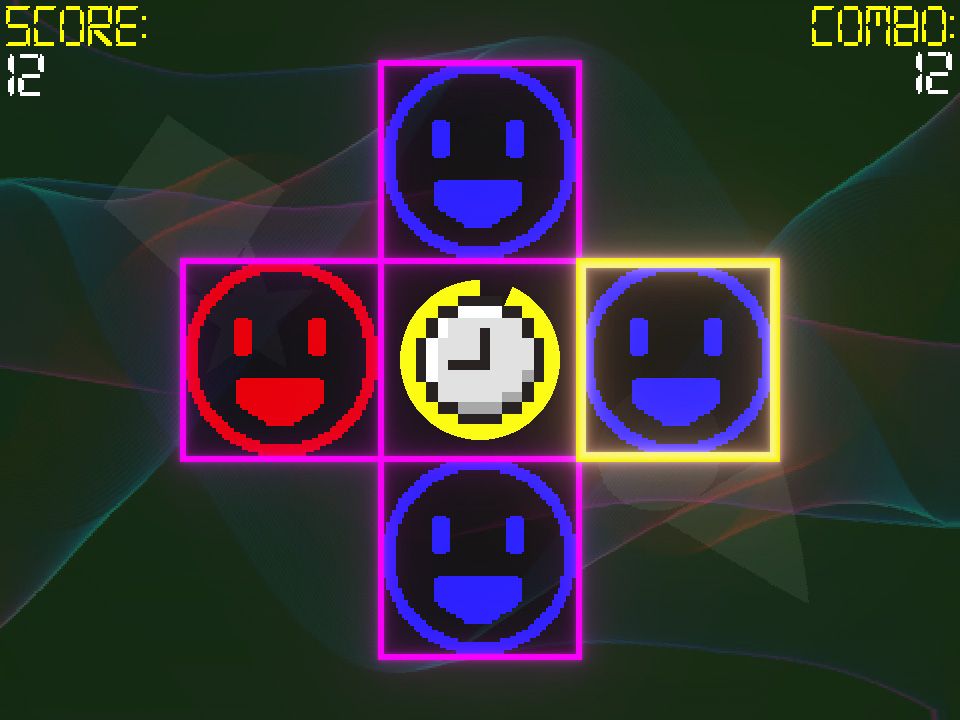 + screenshot depicting a purple/pink cross grid in the middle of the screen with red and blue smiley faces, a timer in the middle, and a golden selector.