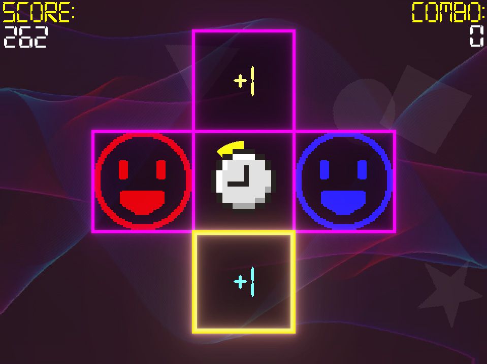 + screenshot depicting a purple/pink cross grid in the middle of the screen with red and blue smiley faces, a timer in the middle, and a golden selector.