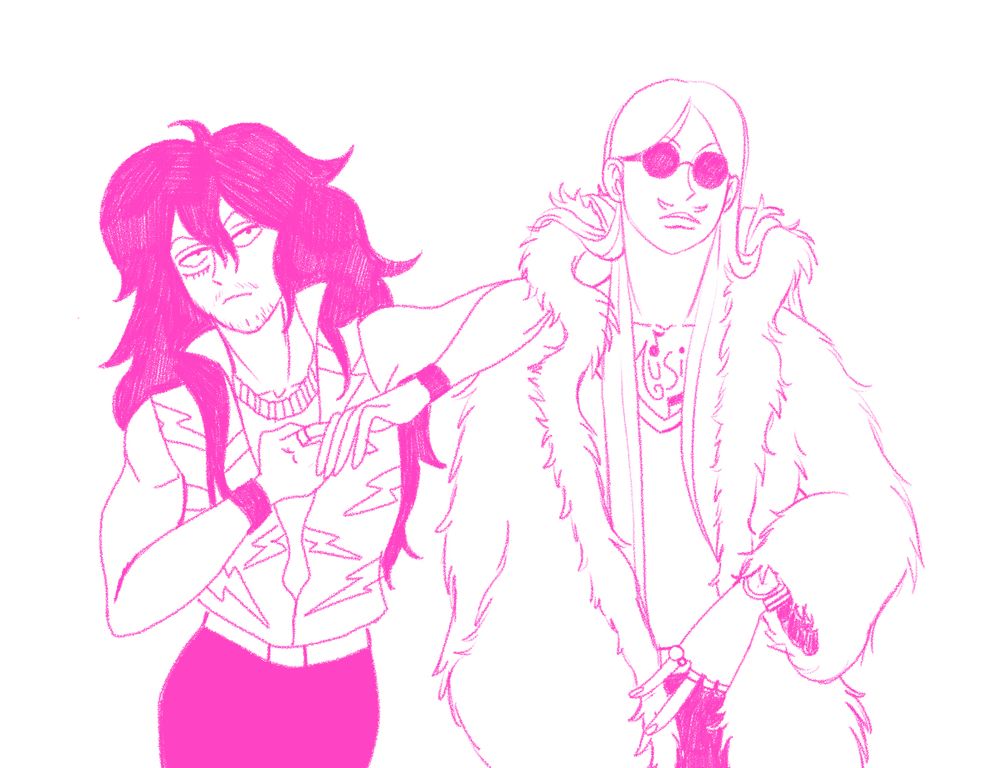 Shouta Aizawa and Hizashi Yamada (Eraserhead and Present Mic) dressed up as rock stars. Shouta is wearing black pants and a sleeveless shirt with a popped collar open to his navel with lightning bolt designs all over it. He's leaning one arm against Hizashi. Hizashi is wearing a big fur coat with a popped collar, dark round glasses, and black pants. His long blond hair is down loose. He has rings on his fingers and a fancy watch. Across his chest you can just making out a tattoo that says 'Music'.