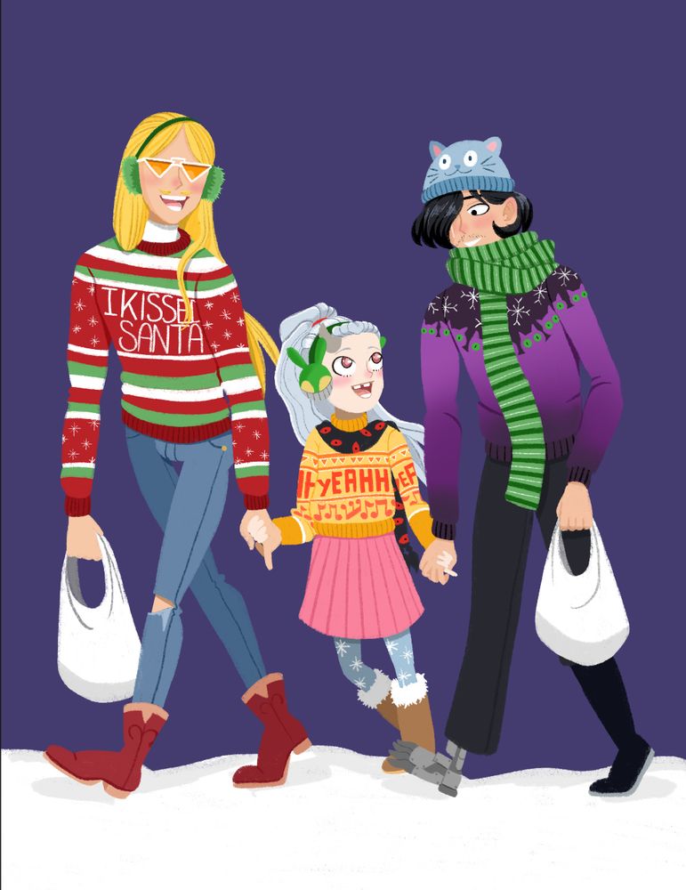 Hizashi Yamada, Shouta Aizawa, and Eri from My Hero Academia walking along, holding hands, with Eri in the middle. Hizashi and Shouta are both carrying plastic bags full of their shopping. Eri is wearing a holieday sweater that says, "Yeah" across the front. Hizashi is wearing a holiday sweater that says, "I kissed Santa" across the front.