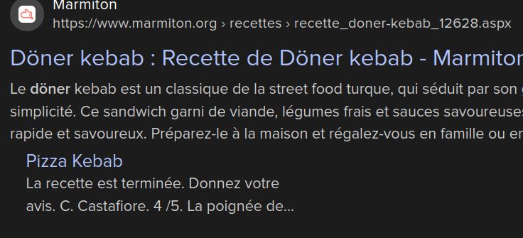 recherche duckduckgo présentant le site Marmiton Recette de Döner Kebab