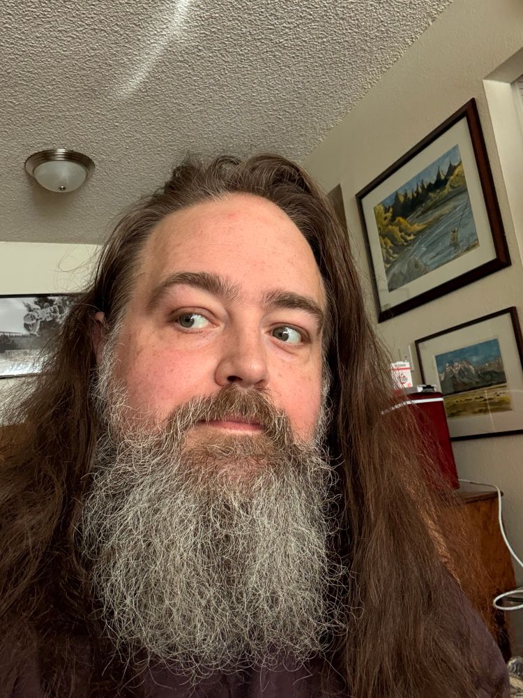 Photo of a middle-aged, non-binary autistic with long brown hair and a long grey beard. 