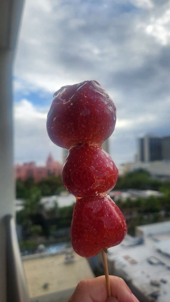 Three strawberries on a skewer. They are surrounded by a hard shell of clear sugar syrup. In the background, the sky, the ocean, and a few hotel rooms are just visible.