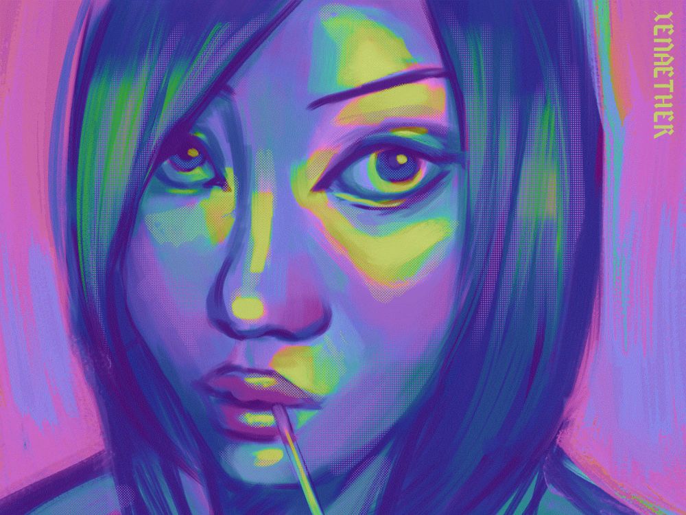 digital painting of a woman with a ciggy in her mouth. the colours are saturated and distorted making a rainbow effect.