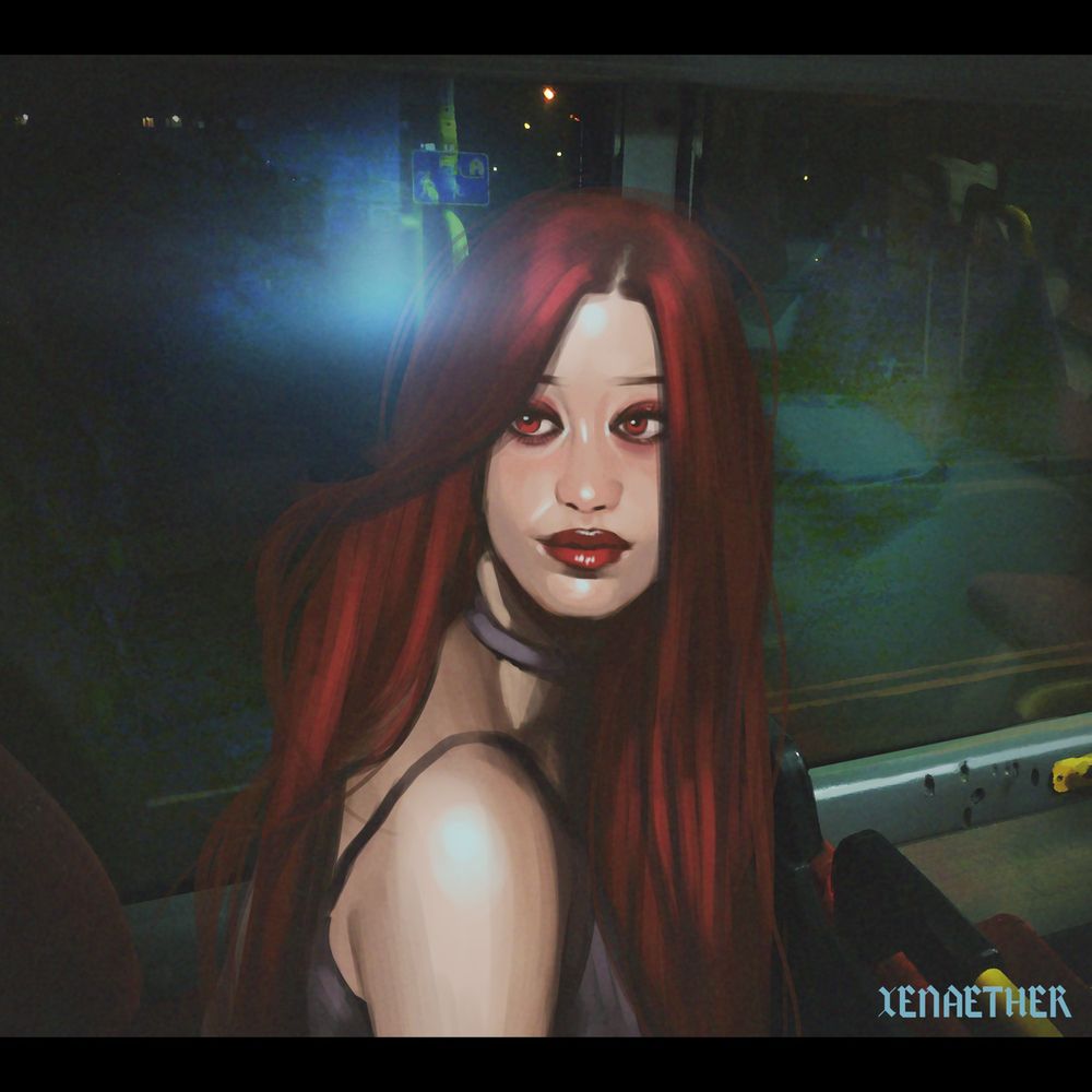 a letterboxed digital mixed media image of a red-headed vampire sitting in a bus. it is supposed to be a "candid" shot. it is night time.