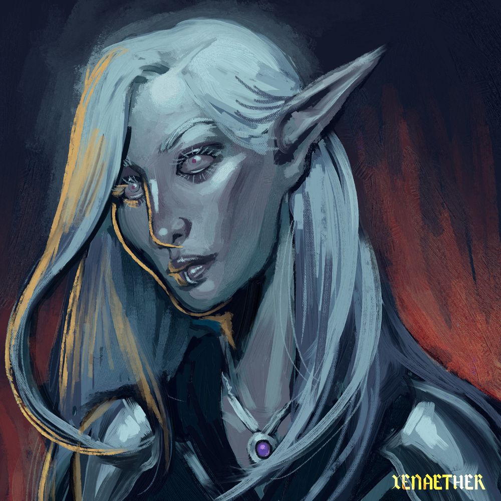 digital painting of a very pale looking dark elf. they have very little pigment in their hair and skin. their hair is long and sways in the wind. the character is wearing mage armour (a cloak and two silver pauldrons). they are wearing a purple and silver circular amulet. in the distant background is the bright ember of flames against a dark backdrop.